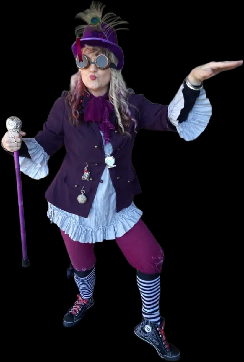 Lisa Snyman, Mrs. S, striking a pose in a purple top hat with a peacock feather, goggles and stripy socks