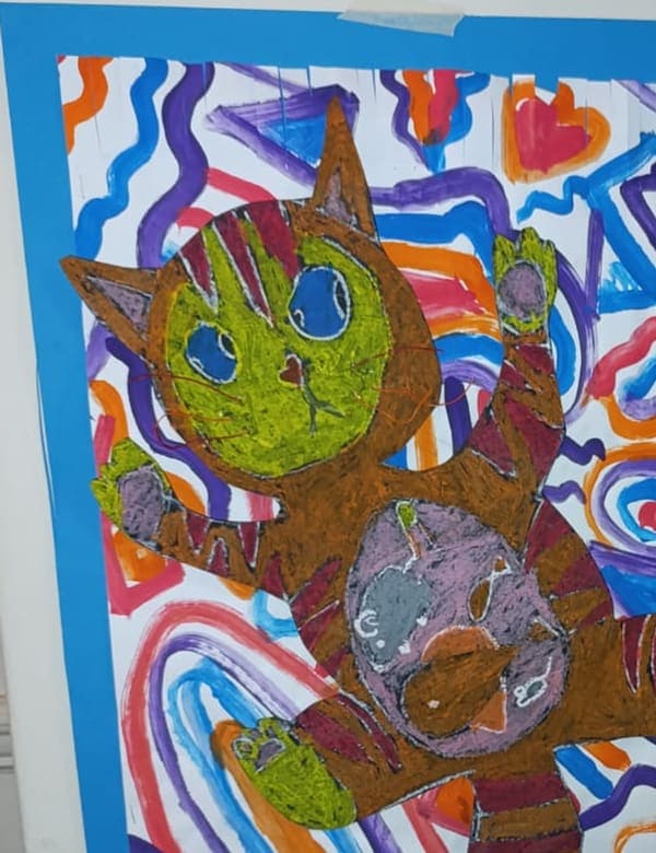 Cat on a mat, mixed media