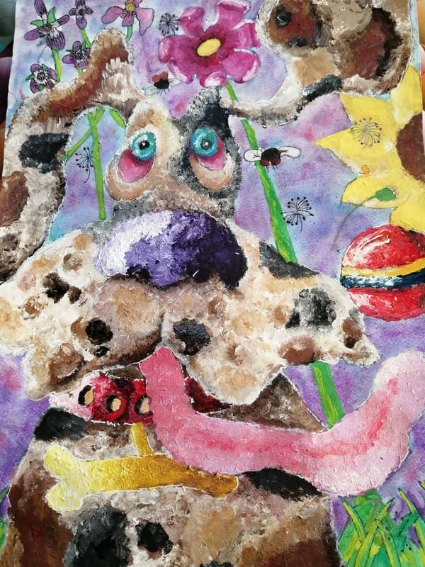 Spotty dog with a bone, painting