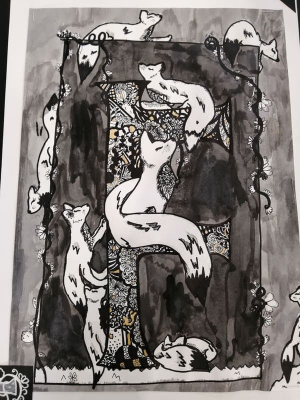 Foxes and the letter F, drawing