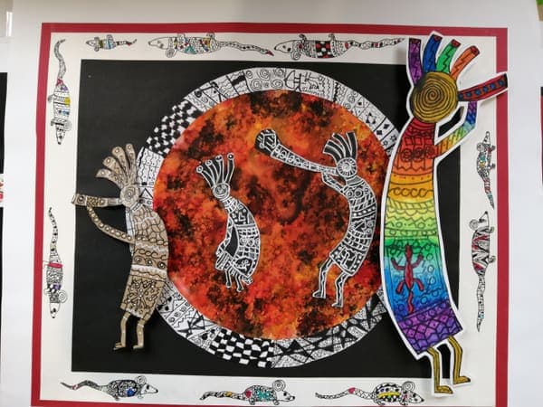 Kokopelli dancers, mixed media