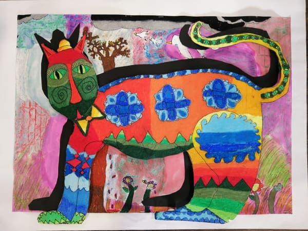 Patchwork cat, mixed media