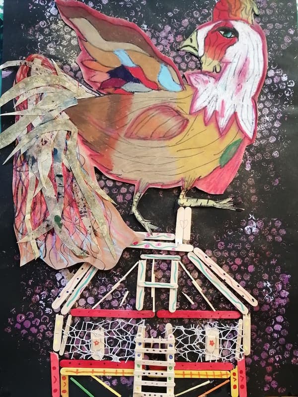 Rooster on the roof, mixed media
