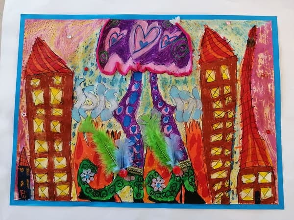 Hearts over the city, mixed media