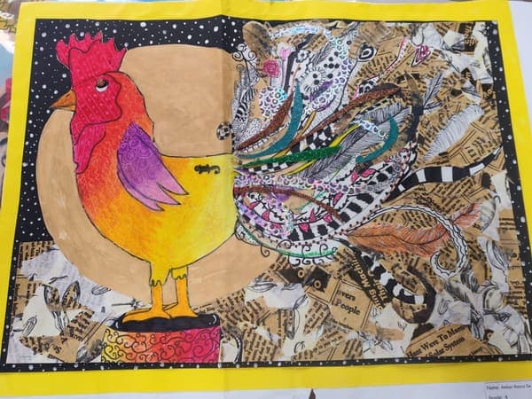 Collage rooster, mixed media, Grade 4