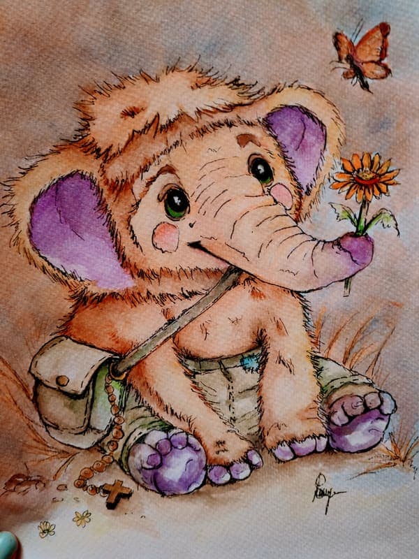 Little elephant with a flower