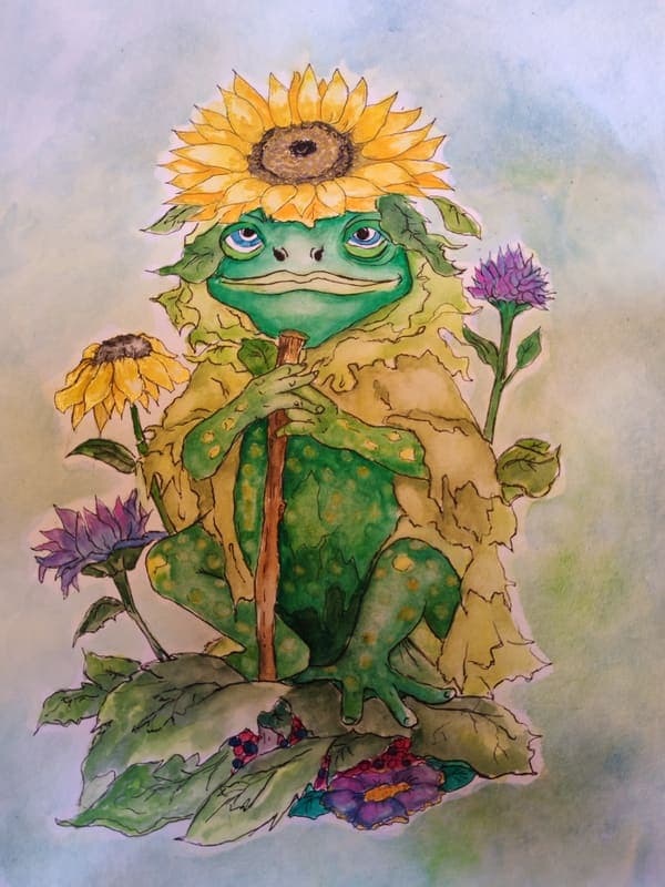 Frog in a sunflower hat