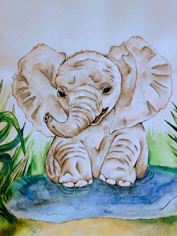 Baby elephant in the pond